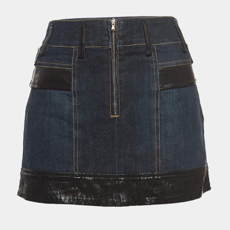 Pre Owned Dolce & Gabbana Blue Denim and Faux Leather Trim Detail Mini Skirt M