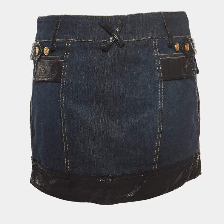 Pre Owned Dolce & Gabbana Blue Denim and Faux Leather Trim Detail Mini Skirt M
