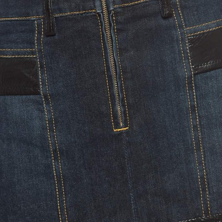 Pre Owned Dolce & Gabbana Blue Denim and Faux Leather Trim Detail Mini Skirt M