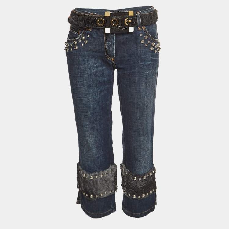 Pre Owned Dolce & Gabbana Blue Denim and Fur Studded Detail Jeans M Waist 34