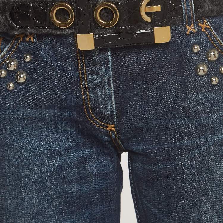 Pre Owned Dolce & Gabbana Blue Denim and Fur Studded Detail Jeans M Waist 34