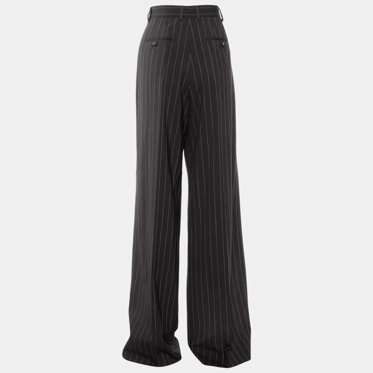 Pre Owned Dolce & Gabbana Brown Pinstriped Wool Wide Leg Trousers M