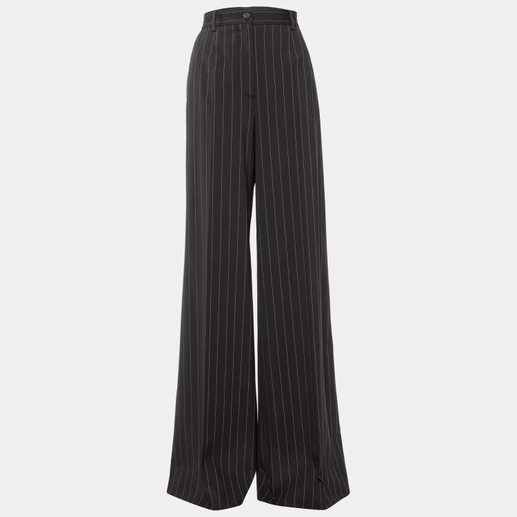 Pre Owned Dolce & Gabbana Brown Pinstriped Wool Wide Leg Trousers M