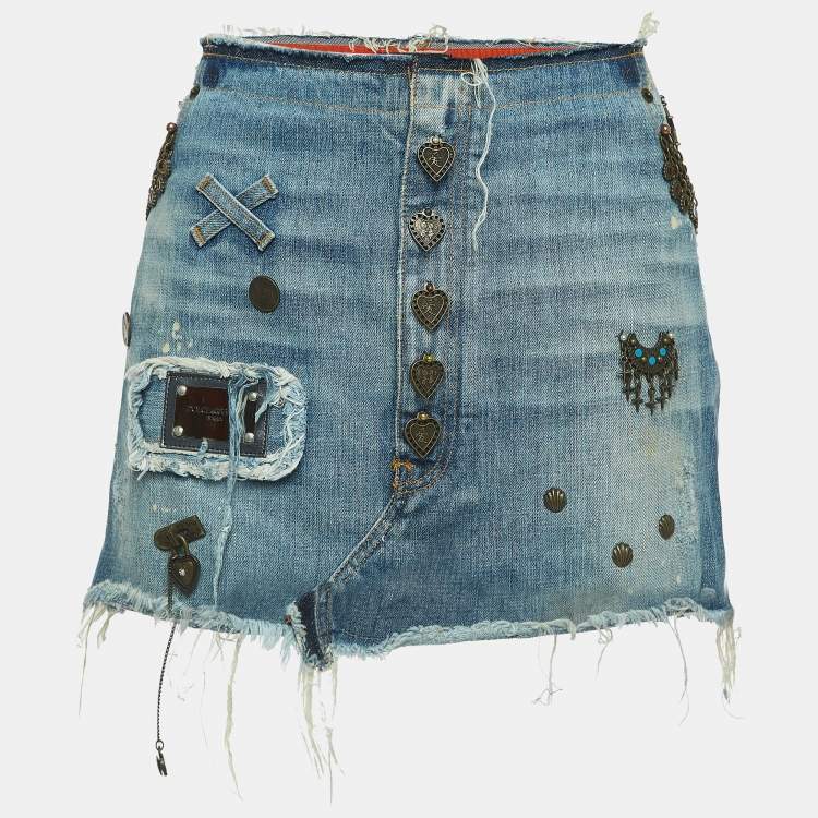 Pre Owned Dolce & Gabbana Vintage Blue Denim Embellished Mini Skirt M