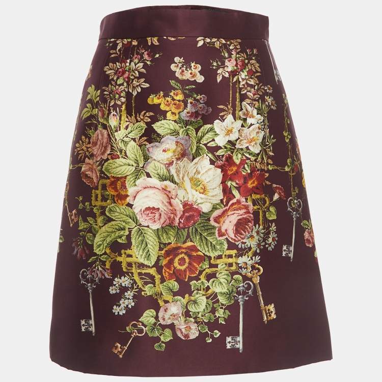 Pre Owned Dolce & Gabbana Burgundy Floral Jacquard Silk and Wool Pleated Short Skirt M