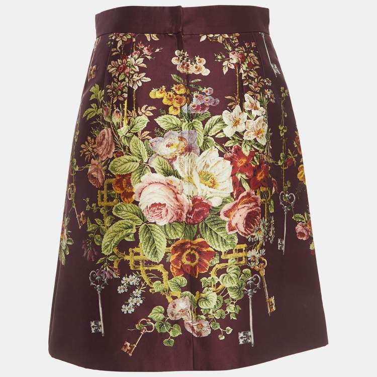 Pre Owned Dolce & Gabbana Burgundy Floral Jacquard Silk and Wool Pleated Short Skirt M