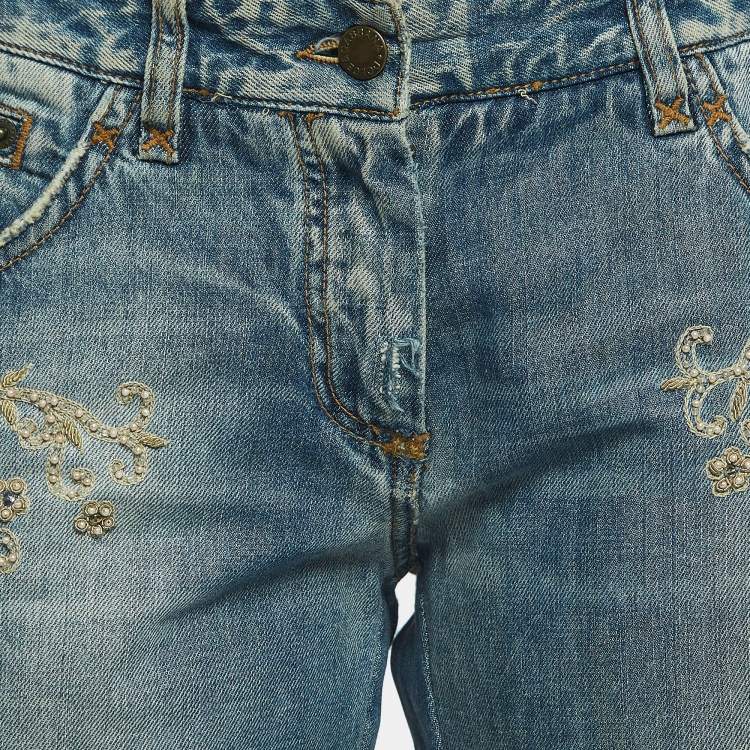 Pre Owned Dolce & Gabbana Blue Embroidered Shearling Trimmed Denim Cropped Jeans M Waist 34''