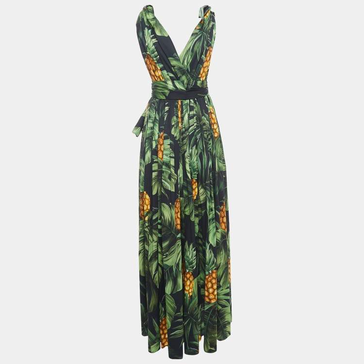 Pre Owned Dolce & Gabbana Green Tropical Print Cotton High Slit Maxi Dress M