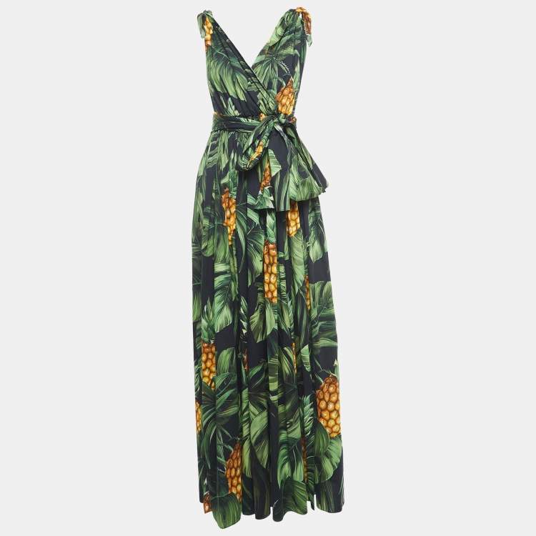 Pre Owned Dolce & Gabbana Green Tropical Print Cotton High Slit Maxi Dress M