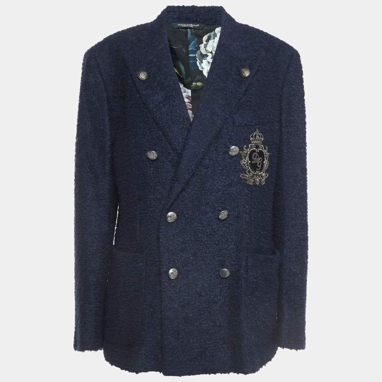 Pre Owned Dolce & Gabbana Navy Blue Logo Embroidered Tweed Double Breasted Coat M