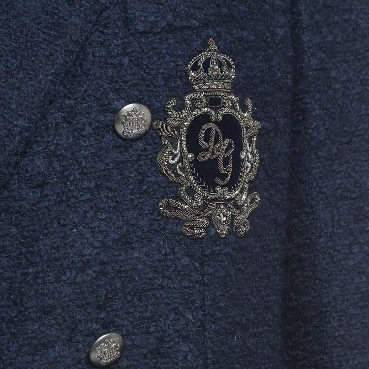 Pre Owned Dolce & Gabbana Navy Blue Logo Embroidered Tweed Double Breasted Coat M