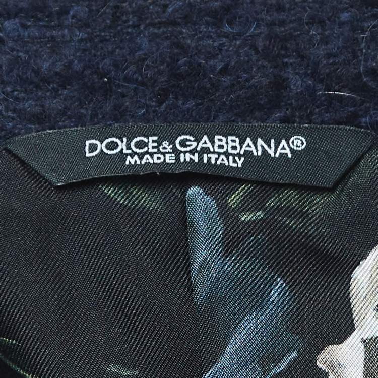Pre Owned Dolce & Gabbana Navy Blue Logo Embroidered Tweed Double Breasted Coat M