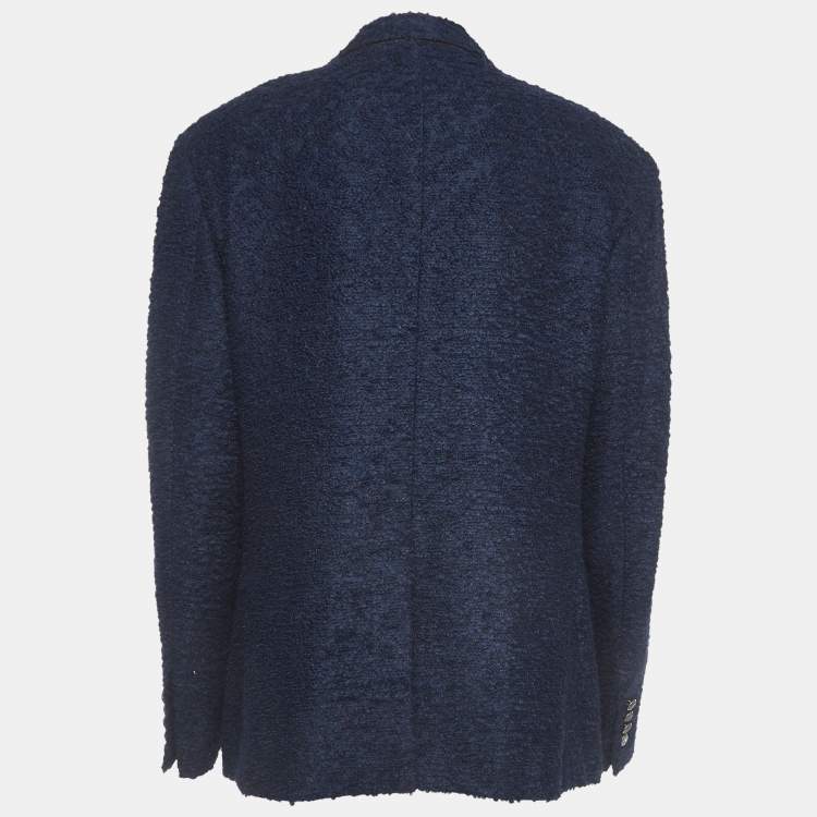 Pre Owned Dolce & Gabbana Navy Blue Logo Embroidered Tweed Double Breasted Coat M