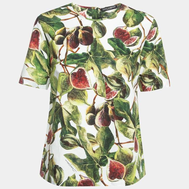 Pre Owned Dolce & Gabbana White/Green Fig Print Cotton Blouse S