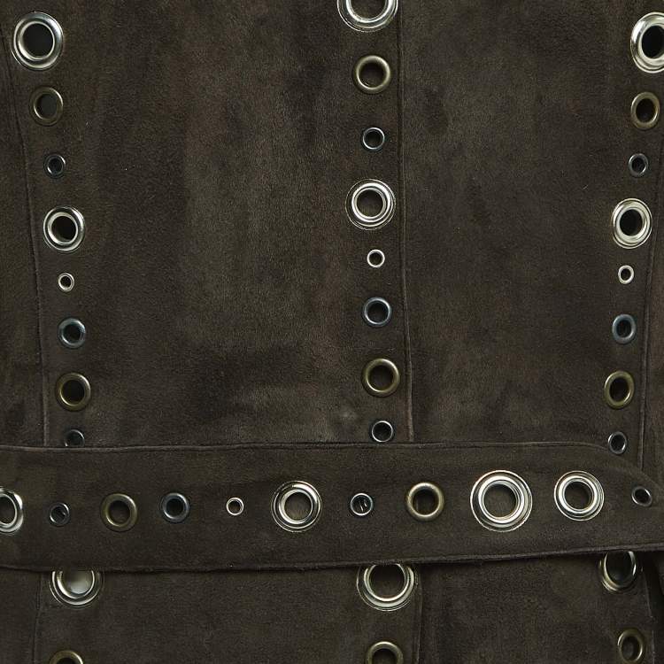 Pre Owned Dolce & Gabbana Brown Suede and Fur Grommet Detail Hooded Trench Coat S
