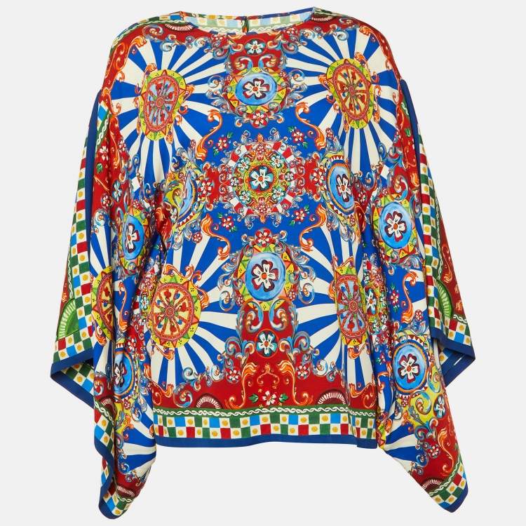 Pre Owned Dolce & Gabbana Multicolor Carretto Siciliano Print Silk Flared Sleeve Blouse M
