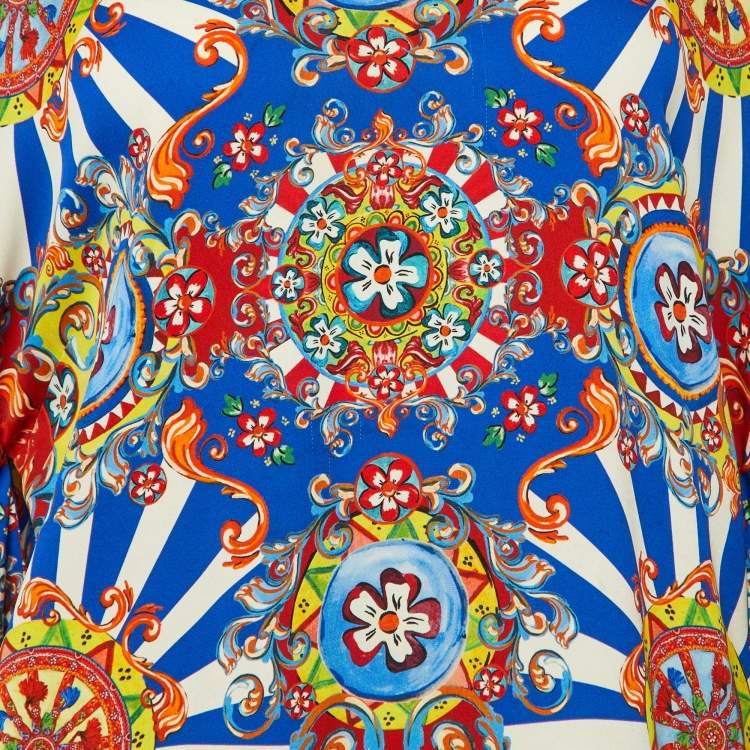 Pre Owned Dolce & Gabbana Multicolor Carretto Siciliano Print Silk Flared Sleeve Blouse M