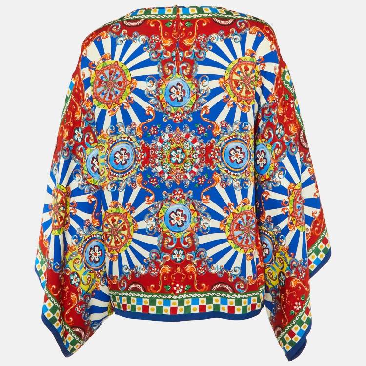Pre Owned Dolce & Gabbana Multicolor Carretto Siciliano Print Silk Flared Sleeve Blouse M