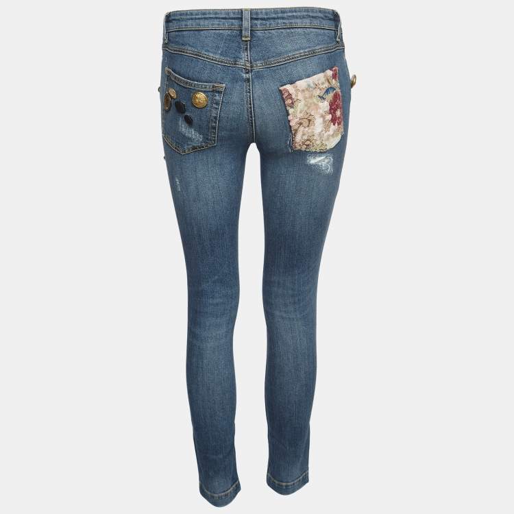Pre Owned Dolce & Gabbana Blue Distressed Denim Button Embellished Skinny Jeans S Waist 28''