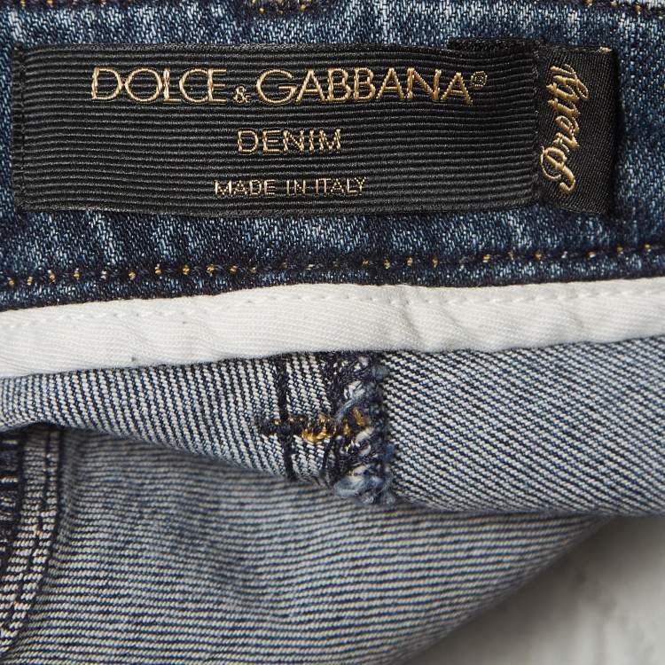Pre Owned Dolce & Gabbana Blue Distressed Denim Button Embellished Skinny Jeans S Waist 28''