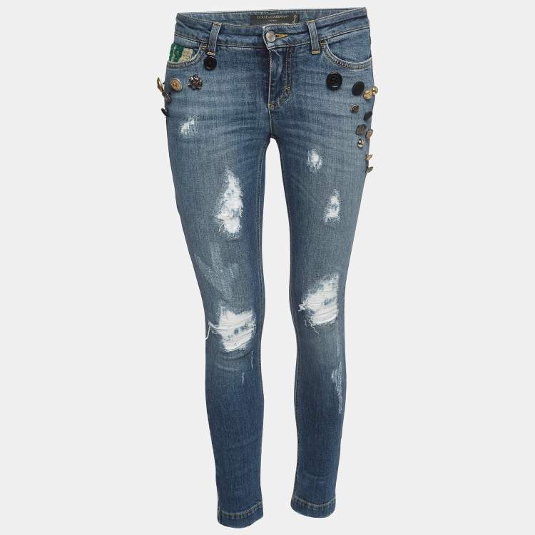 Pre Owned Dolce & Gabbana Blue Distressed Denim Button Embellished Skinny Jeans S Waist 28''