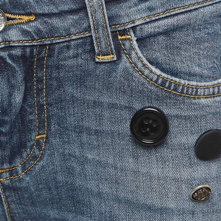 Pre Owned Dolce & Gabbana Blue Distressed Denim Button Embellished Skinny Jeans S Waist 28''