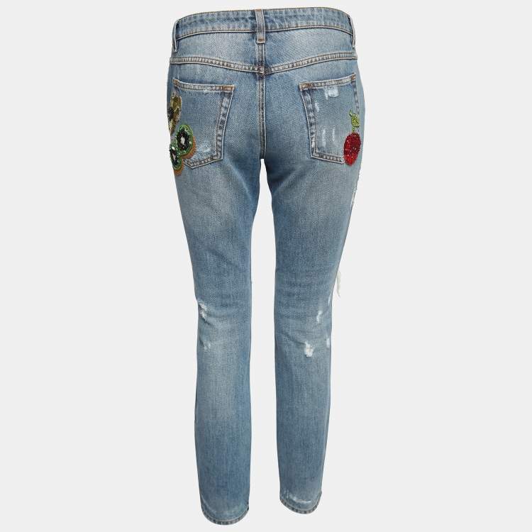 Pre Owned Dolce & Gabbana Blue Ripped Denim Sequin Applique Jeans M Waist 32'' 