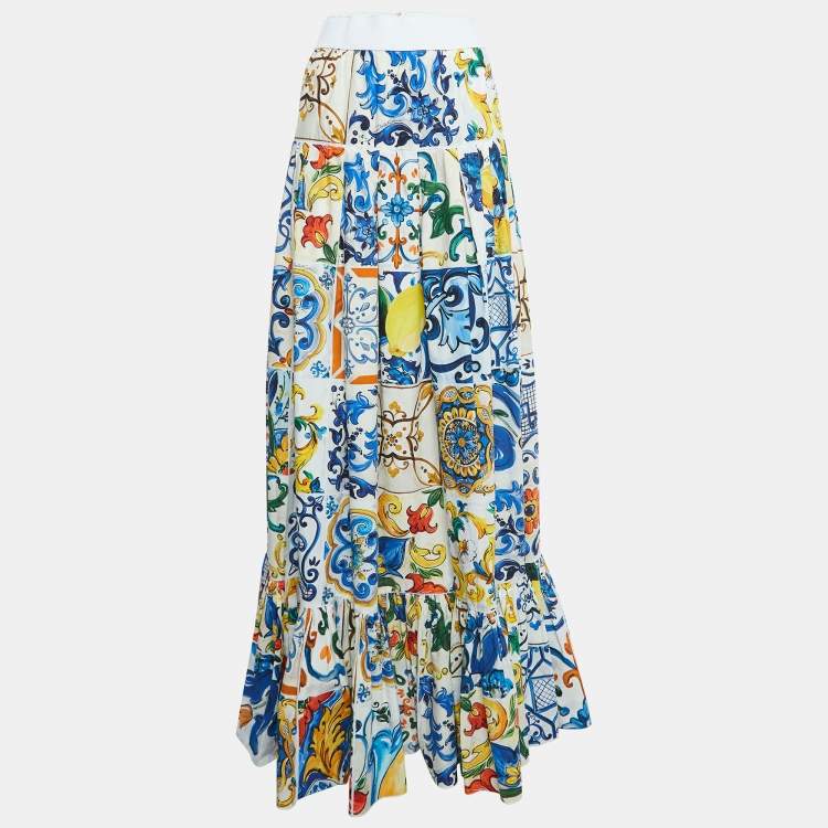 Pre Owned Dolce & Gabbana Multicolor Majolica Print Tiered Cotton Maxi Skirt XS
