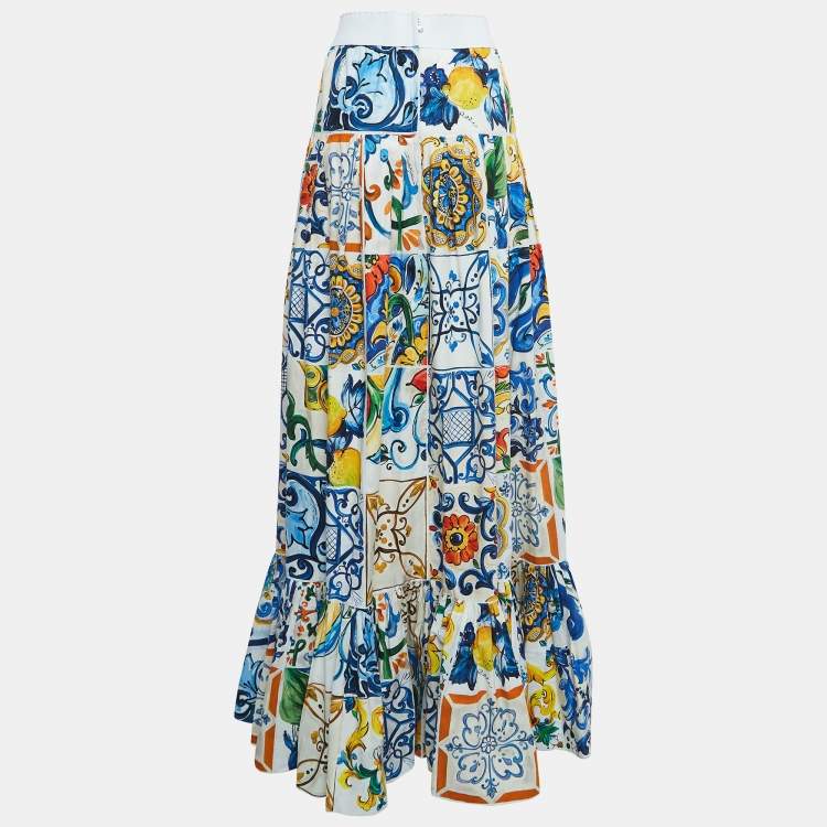 Pre Owned Dolce & Gabbana Multicolor Majolica Print Tiered Cotton Maxi Skirt XS