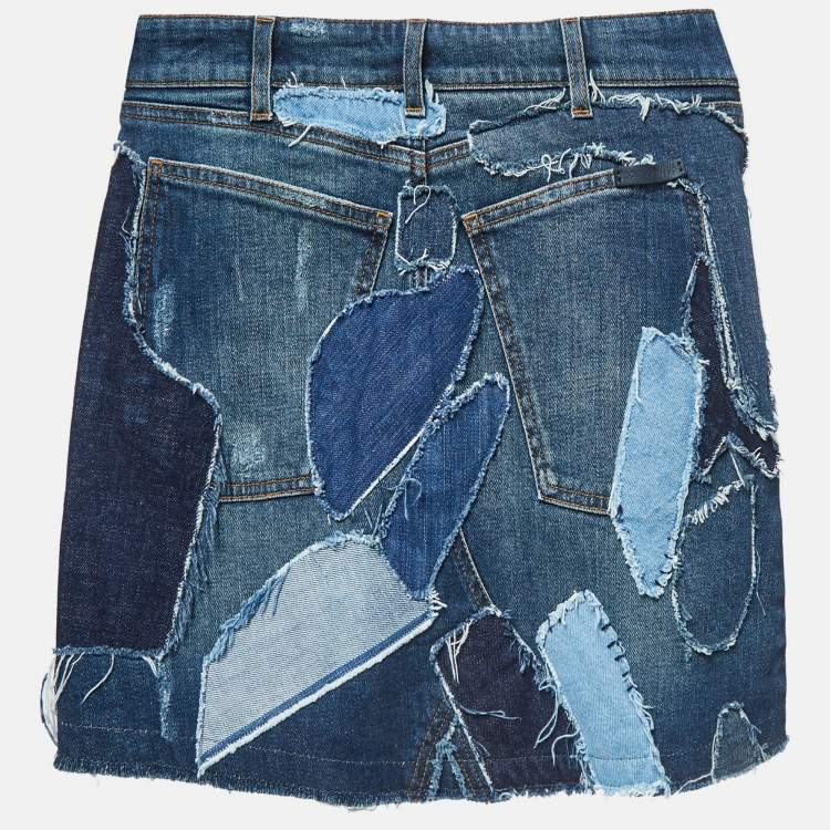 Pre Owned Dolce & Gabbana Blue Ripped Denim Applique Detail Mini Skirt S