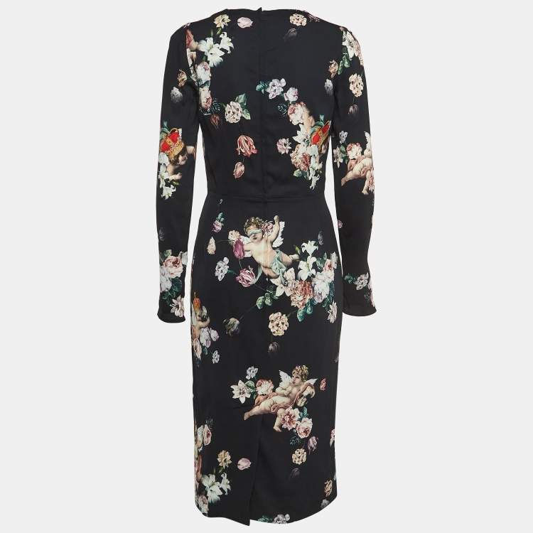Pre Owned Dolce & Gabbana Dark Blue Floral Print Crepe Fitted Midi Dress M