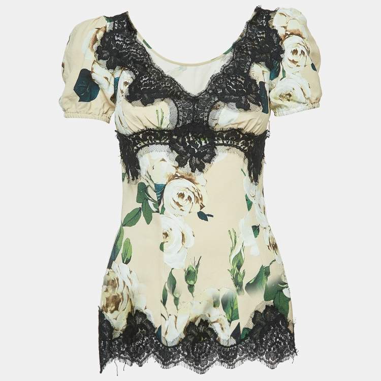 مملوكة مسبقًا Dolce & Gabbana Pink Floral Printed Crepe & Lace Trim Blouse XS