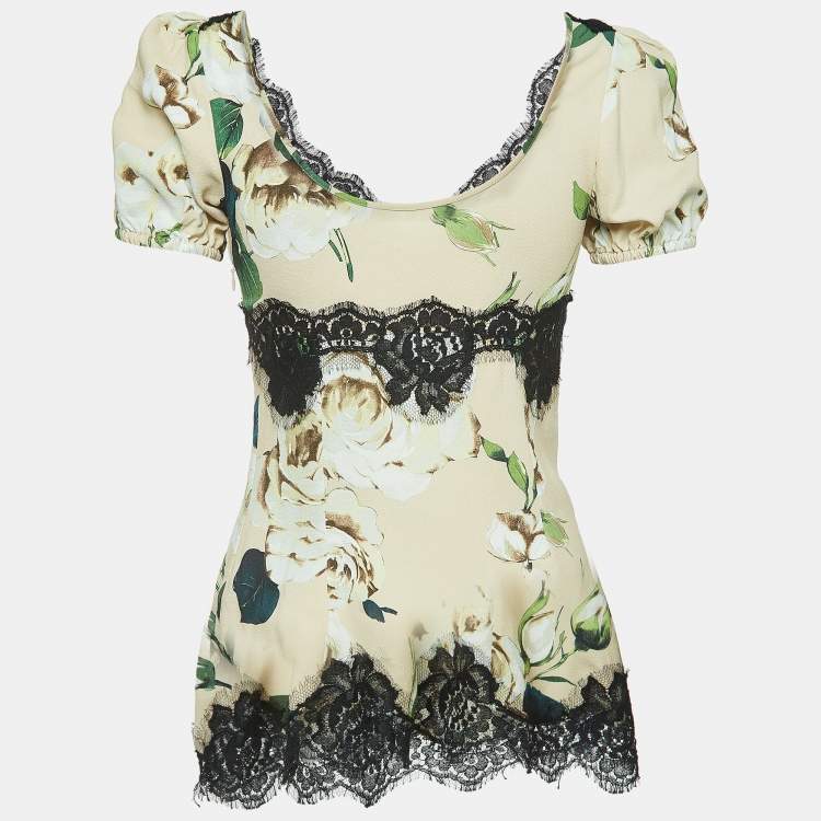 مملوكة مسبقًا Dolce & Gabbana Pink Floral Printed Crepe & Lace Trim Blouse XS