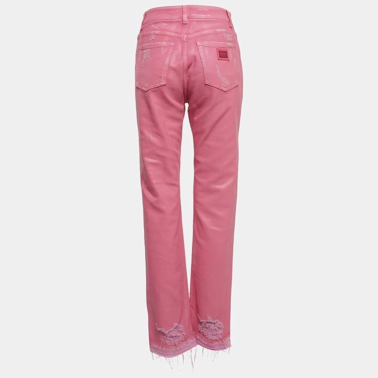 Pre Owned Dolce & Gabbana Pink Distressed Denim Straight Fit Jeans S Waist 27''