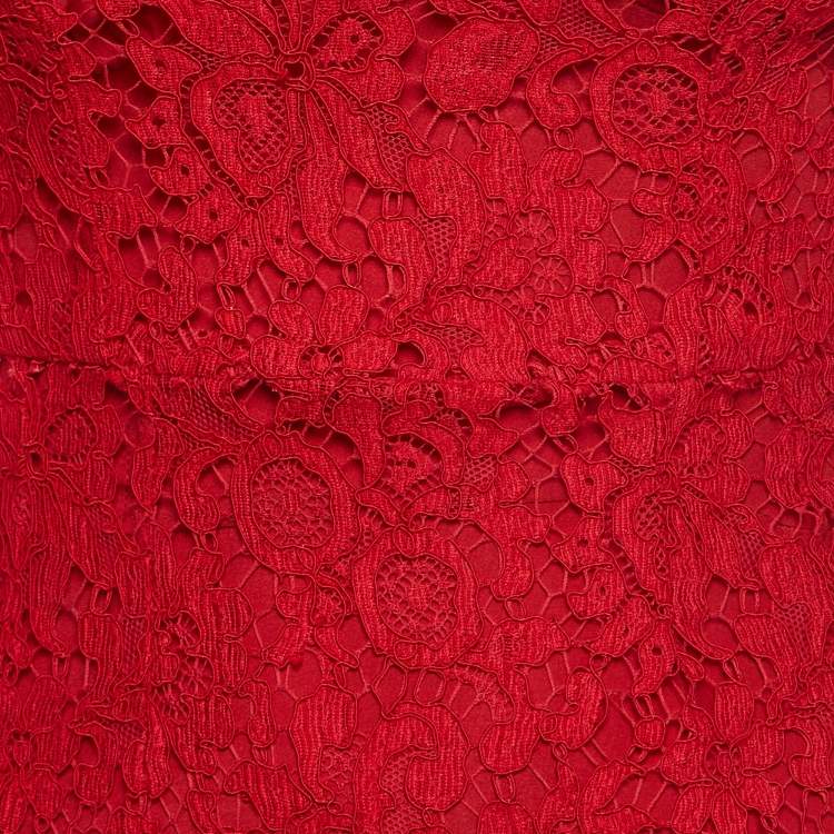 Pre Owned Dolce & Gabbana Red Floral Pattern Lace Long Sleeve Midi Dress XS