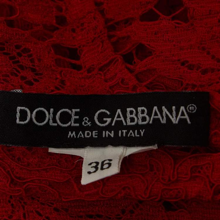 Pre Owned Dolce & Gabbana Red Floral Pattern Lace Long Sleeve Midi Dress XS