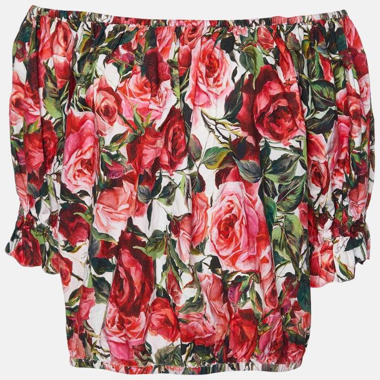 Pre Owned Dolce & Gabbana Red Rose Print Cotton Off-Shoulder Blouse L