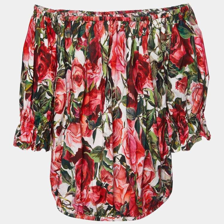 Pre Owned Dolce & Gabbana Red Rose Print Cotton Off-Shoulder Blouse L