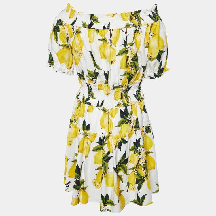 Pre Owned Dolce & Gabbana Yellow Lemon Print Cotton Off-Shoulder Dress XL