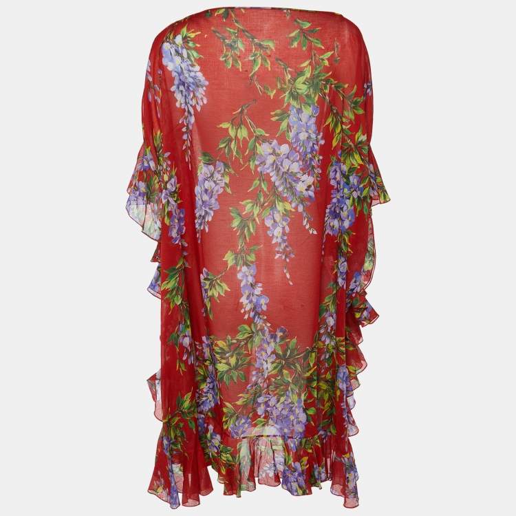 Pre Owned Dolce & Gabbana Red Floral Print Cotton Kaftan Cover Up M