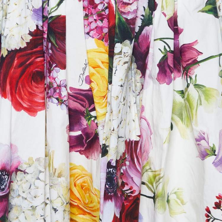 Pre Owned Dolce & Gabbana White Floral Print Cotton Flared Skirt M