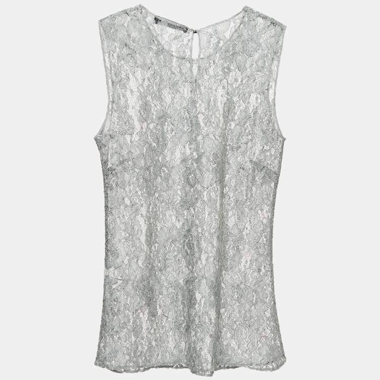 مملوكة مسبقًا Dolce & Gabbana Sage Green Floral Lace Sleeveless Blouse S