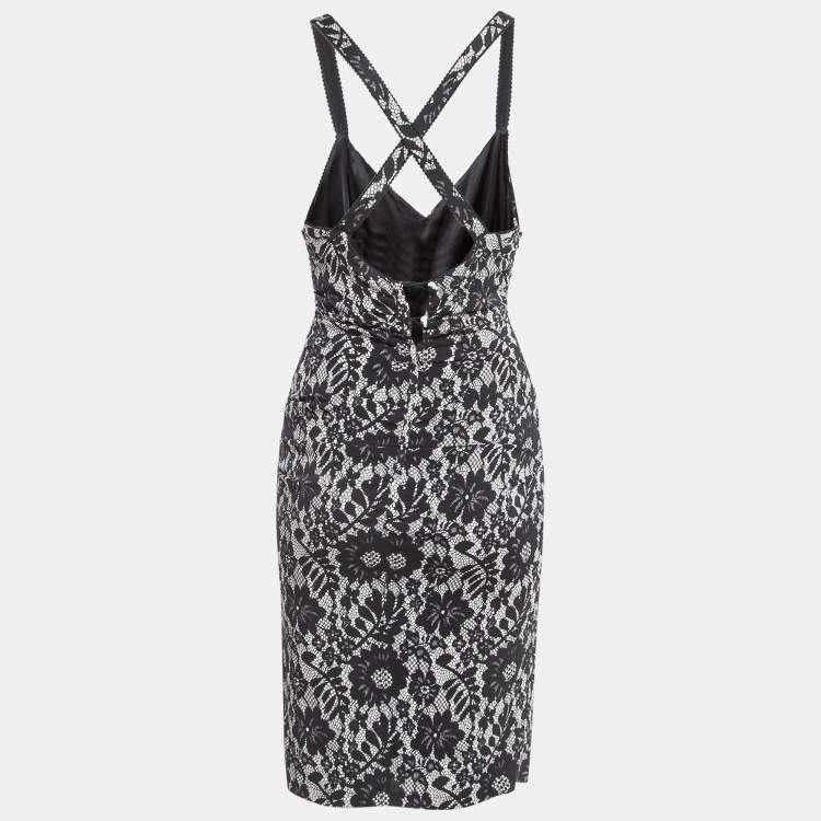 Pre Owned Dolce & Gabbana Black Lace Print Jersey Ruched Midi Dress S