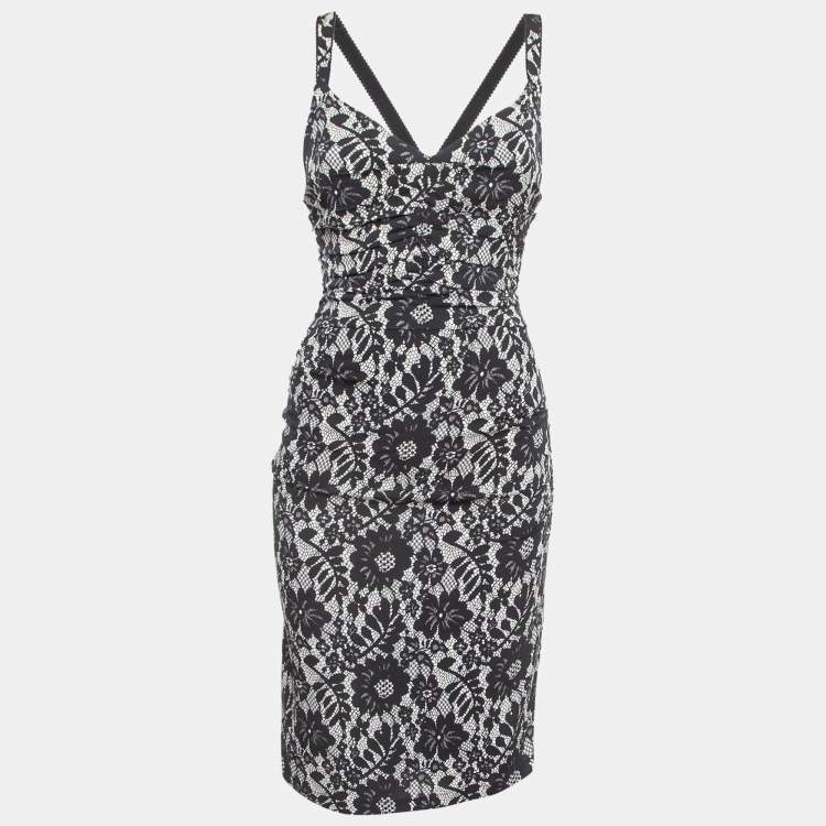 Pre Owned Dolce & Gabbana Black Lace Print Jersey Ruched Midi Dress S