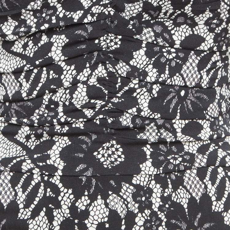 Pre Owned Dolce & Gabbana Black Lace Print Jersey Ruched Midi Dress S