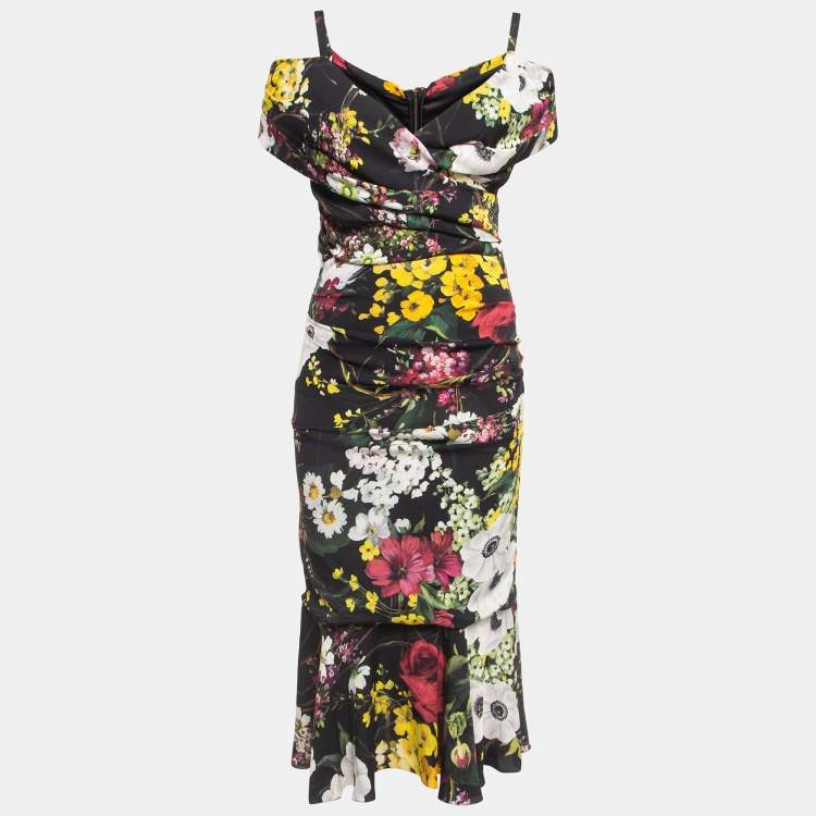 Pre Owned Dolce & Gabbana Black Floral Print Silk Cold Shoulder Ruched Midi Dress M