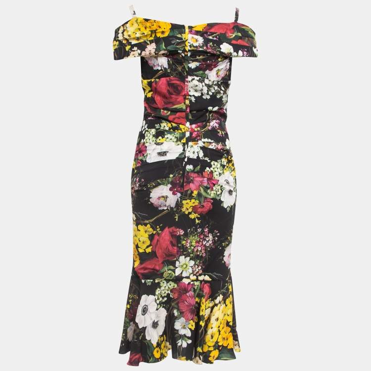 Pre Owned Dolce & Gabbana Black Floral Print Silk Cold Shoulder Ruched Midi Dress M