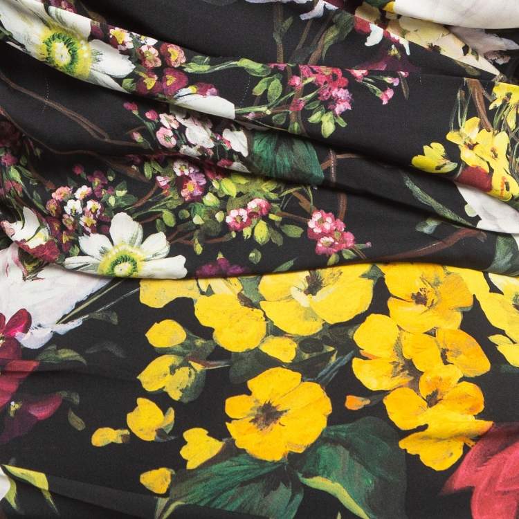 Pre Owned Dolce & Gabbana Black Floral Print Silk Cold Shoulder Ruched Midi Dress M