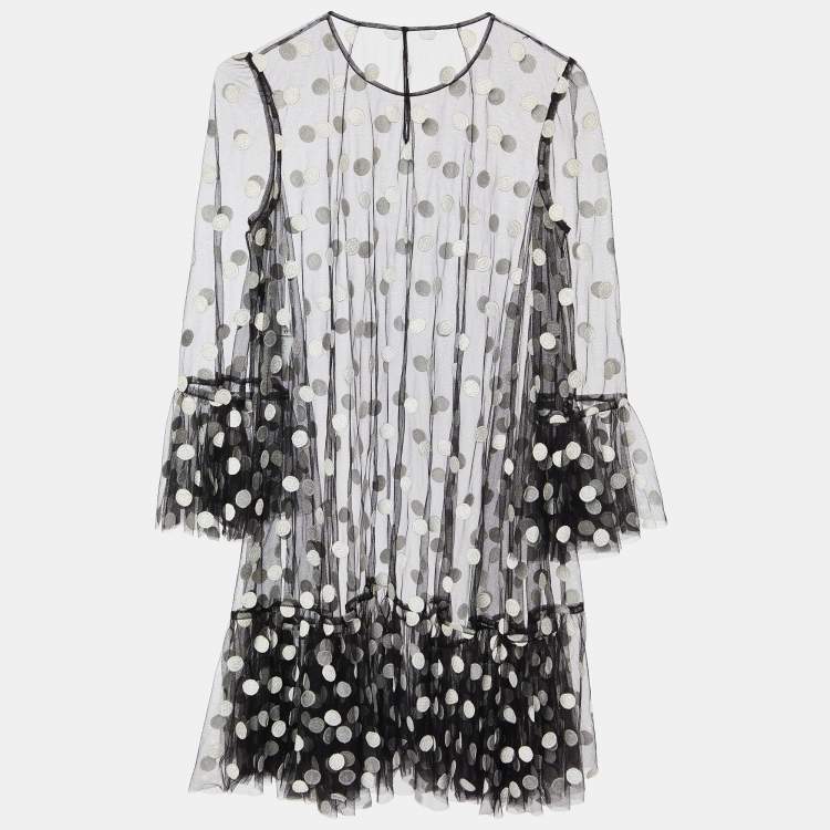 Pre Owned Dolce & Gabbana Black Polka Dot Embroidered Tulle Ruffled Dress S 