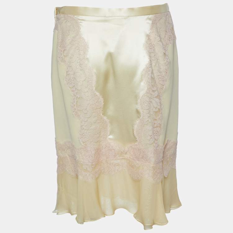 Pre Owned Dolce & Gabbana Yellow Silk Lace Trim Flounced Skirt M